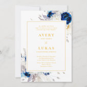 Elegant Blauw en Geel Bloemen Bruiloft Uitnodiging (Voorkant)