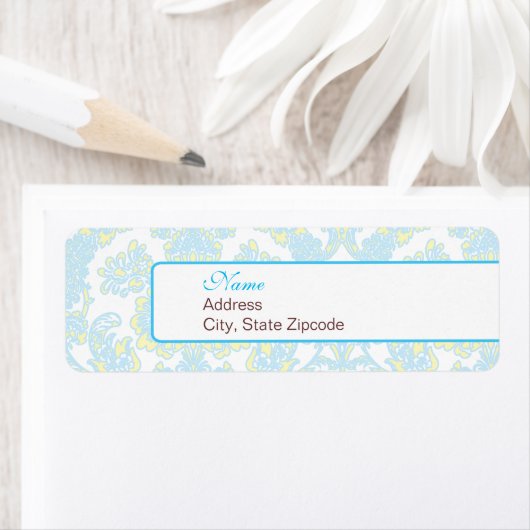 Elegant Blauw en Geel Damask Adreslabel Etiket (Insitu)