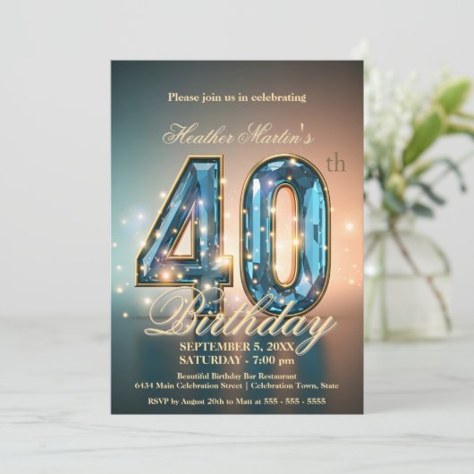 Elegant blauw en goud 40e verjaardag kaart (Staand voorkant)