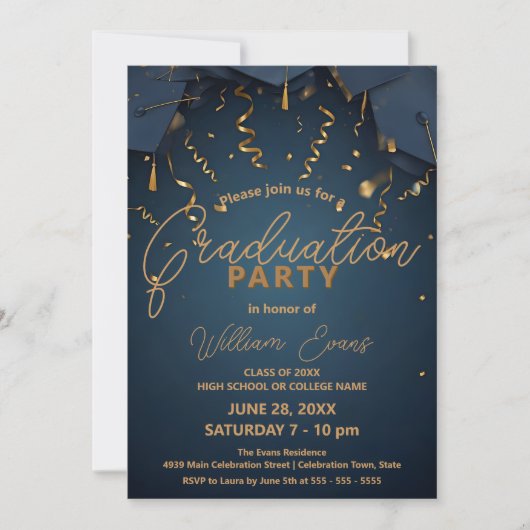 Elegant blauw en goud afstudeerfeest met foto kaart (Voorkant)