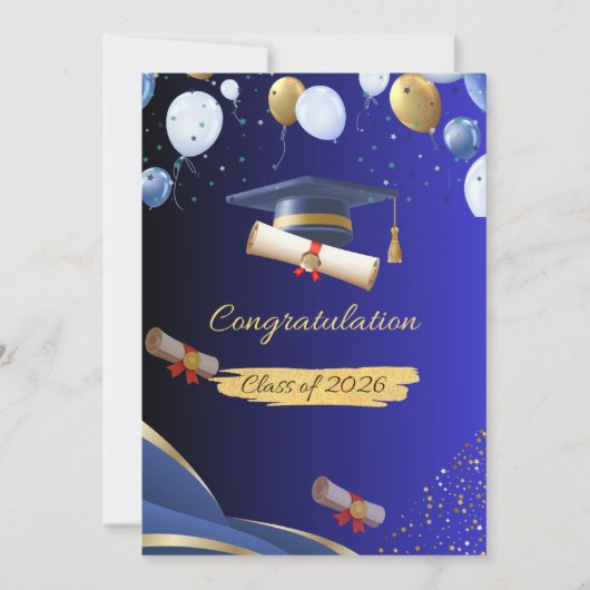 Elegant Blauw en Goud Afstuderen Gefeliciteerd C Aankondiging (Voorkant)