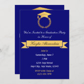 Elegant blauw en goud Afstuderen uitnodiging (Voorkant / Achterkant)