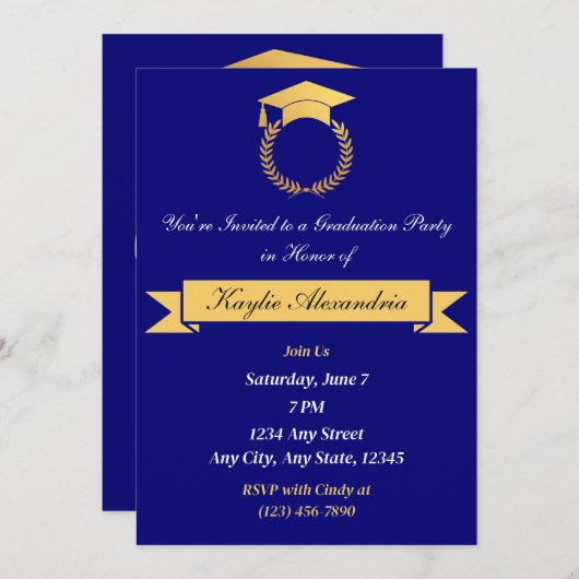 Elegant blauw en goud Afstuderen uitnodiging (Voorkant / Achterkant)