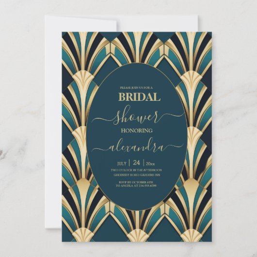 Elegant Blauw en Goud Art Deco Bridal Kaart (Voorkant)