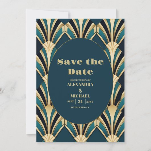 Elegant Blauw en Goud Art Deco Bruiloft Save The Date (Voorkant)