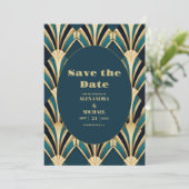 Elegant Blauw en Goud Art Deco Bruiloft Save The Date (Staand voorkant)
