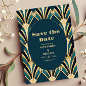 Elegant Blauw en Goud Art Deco Bruiloft Save The Date