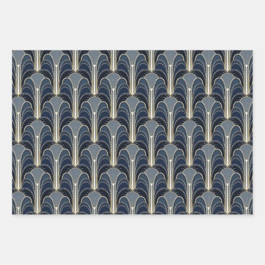 Elegant blauw en goud Art Deco Patroon Inpakpapier Vel (Voorkant 2)