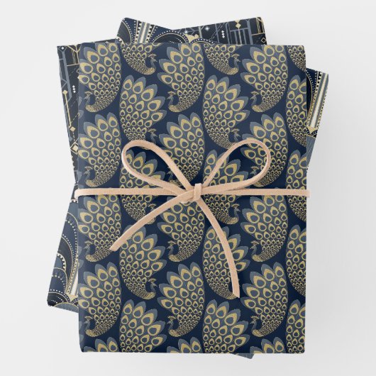 Elegant blauw en goud Art Deco Patroon Inpakpapier Vel (In situ)