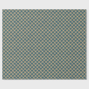 Elegant Blauw en Goud Art Deco Waaierspatroon Tafe Cadeaupapier