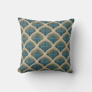 Elegant Blauw en Goud Art Deco Waaierspatroon Tafe Kussen