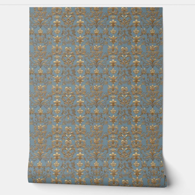 Elegant  blauw en goud behang (Afrollen)