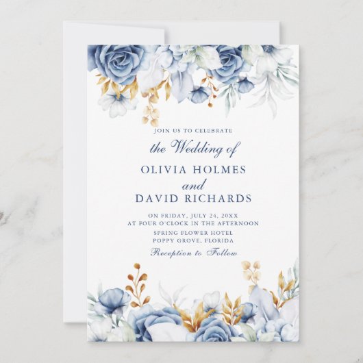 Elegant Blauw en Goud Bloemen Bruiloft Uitnodiging (Voorkant)