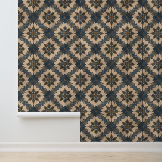 Elegant blauw en goud  bloemmotief behang (Applicatie)