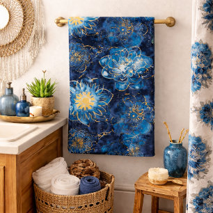 Elegant Blauw en Goud Bloemmotief - Stijlvolle Bot Bad Handdoek