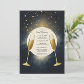 Elegant blauw en goud champagne verlovingsfeest kaart (Staand voorkant)