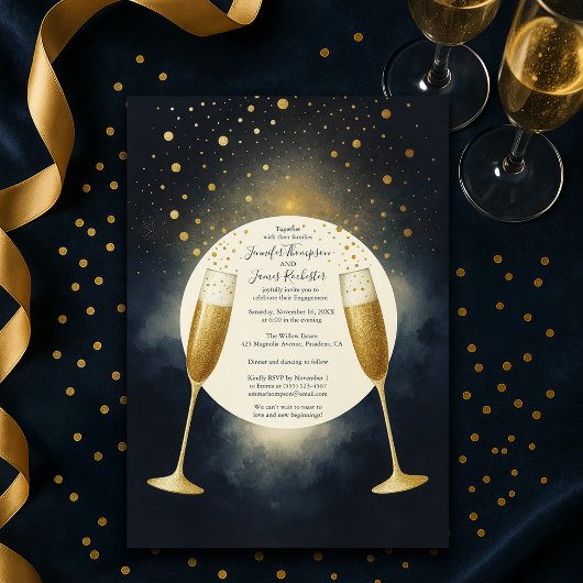 Elegant blauw en goud champagne verlovingsfeest kaart