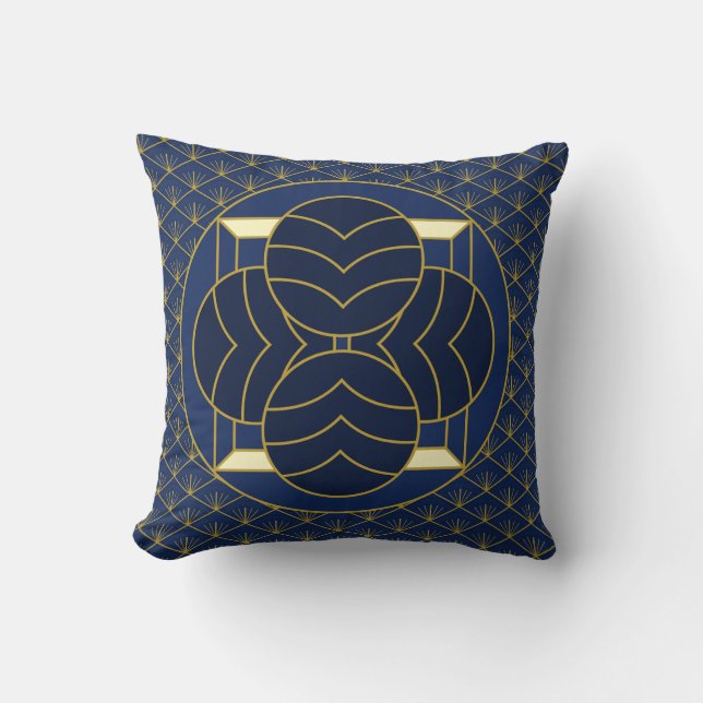 Elegant Blauw en Goud  Deco Geometrische Kunst Kussen (Voorkant)
