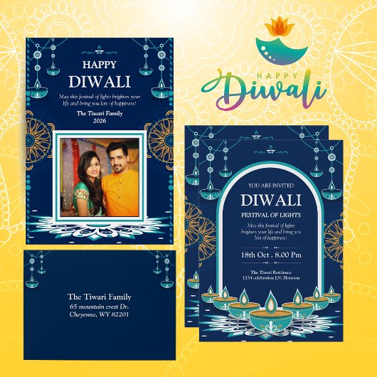 Elegant blauw en goud Diwali Festival of Lights Kaart