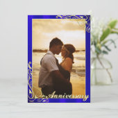 Elegant Blauw en Goud Foto Jubileum Kaart (Staand voorkant)