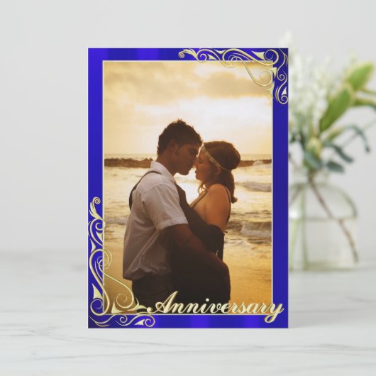 Elegant Blauw en Goud Foto Jubileum Kaart (Staand voorkant)