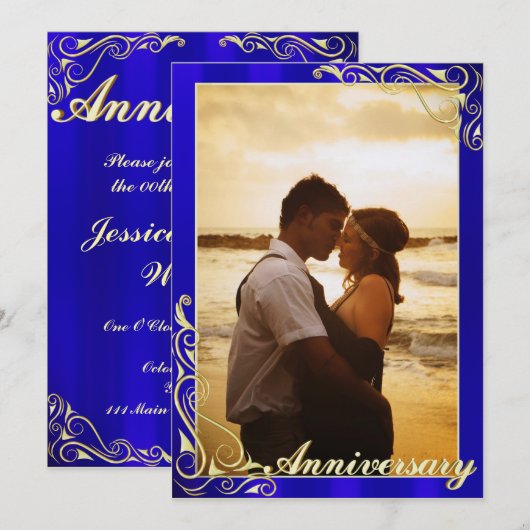 Elegant Blauw en Goud Foto Jubileum Kaart (Voorkant / Achterkant)