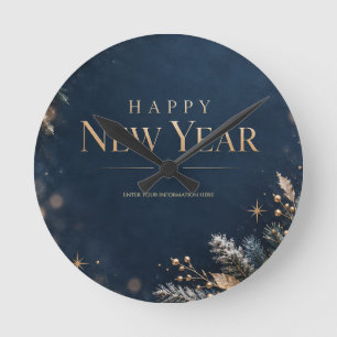 Elegant Blauw en Goud Gelukkig Nieuwjaar Ronde Klok