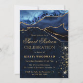 Elegant Blauw en Goud Glitter Agaat Sweet 16 Kaart (Voorkant)