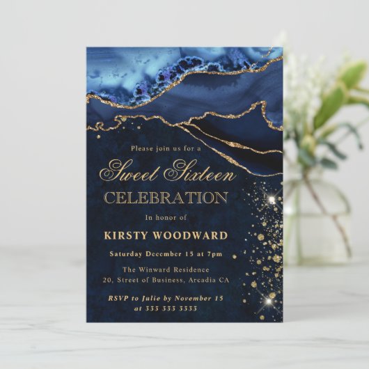 Elegant Blauw en Goud Glitter Agaat Sweet 16 Kaart (Staand voorkant)