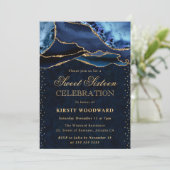 Elegant Blauw en Goud Glitter Agaat Sweet 16 Kaart (Staand voorkant)