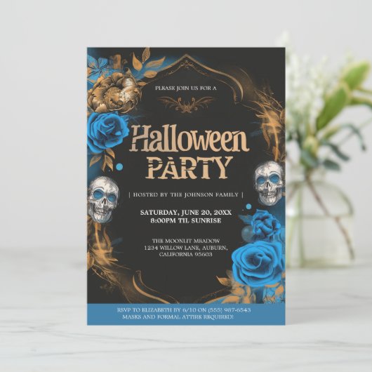 Elegant blauw en goud Halloween feest Kaart (Staand voorkant)