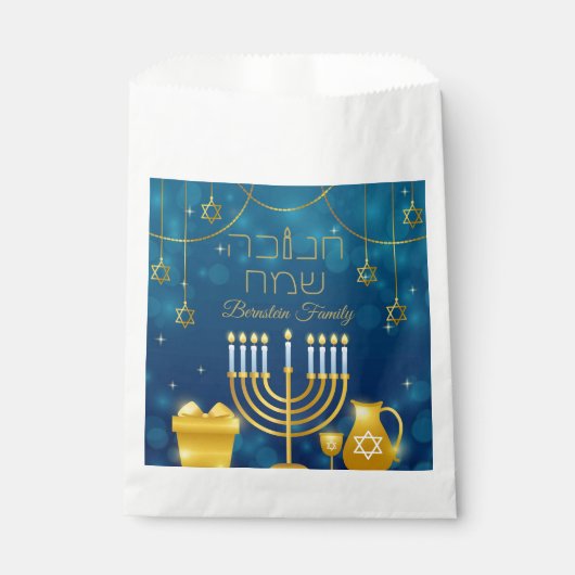 Elegant Blauw en Goud Hebreeuws Gelukkig Chanoeka Bedankzakje (Voorkant)