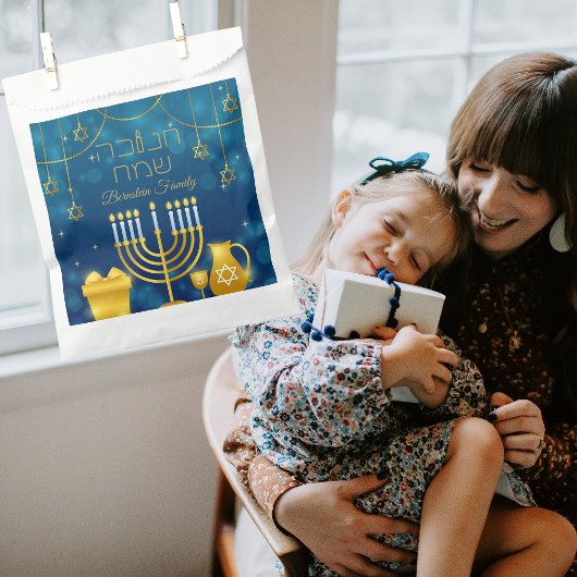 Elegant Blauw en Goud Hebreeuws Gelukkig Chanoeka Bedankzakje