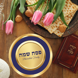 Elegant Blauw en Goud Hebreeuws Pesach Pascha Pasc Ronde Sticker