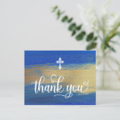 Elegant blauw en goud jongen doop dank u briefkaart (Staand voorkant)