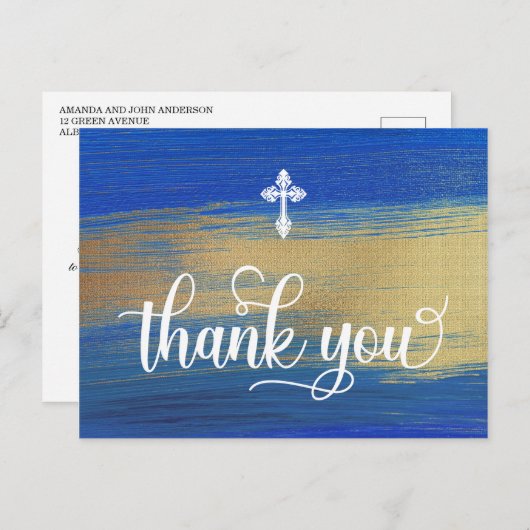 Elegant blauw en goud jongen doop dank u briefkaart (Voorkant / Achterkant)
