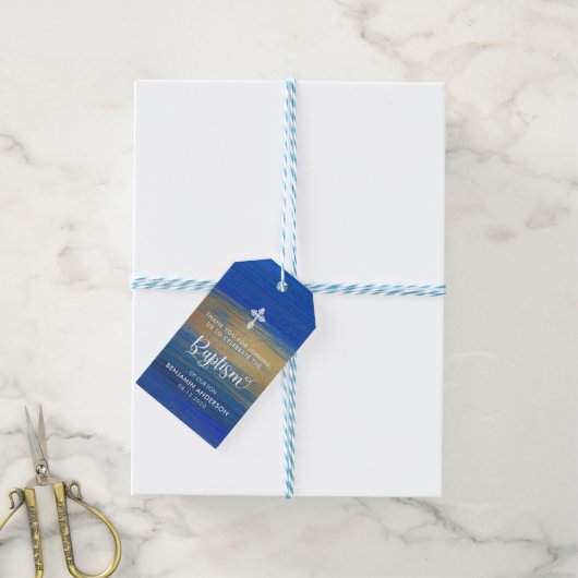 Elegant blauw en goud jongen doop dank u cadeaulabel (Met Touw)