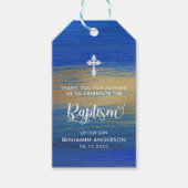 Elegant blauw en goud jongen doop dank u cadeaulabel (Voorkant)
