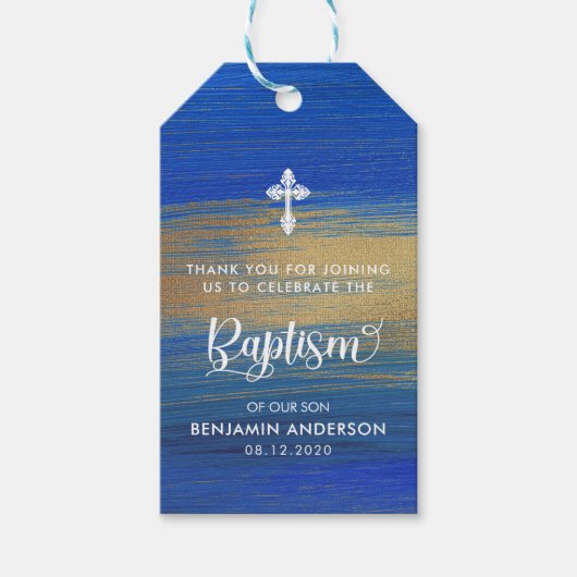 Elegant blauw en goud jongen doop dank u cadeaulabel (Voorkant)