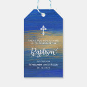 Elegant blauw en goud jongen doop dank u cadeaulabel (Achterkant)