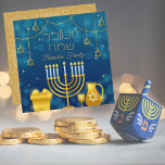 Elegant Blauw en Goud Joodse Chanoeka Feestdagenkaart<br><div class="desc">Elegant Blauw en Goud Menora Star of David Jewish Chanoeka Holiday Kaart</div>