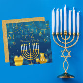 Elegant Blauw en Goud Joodse Chanoeka Feestdagenkaart