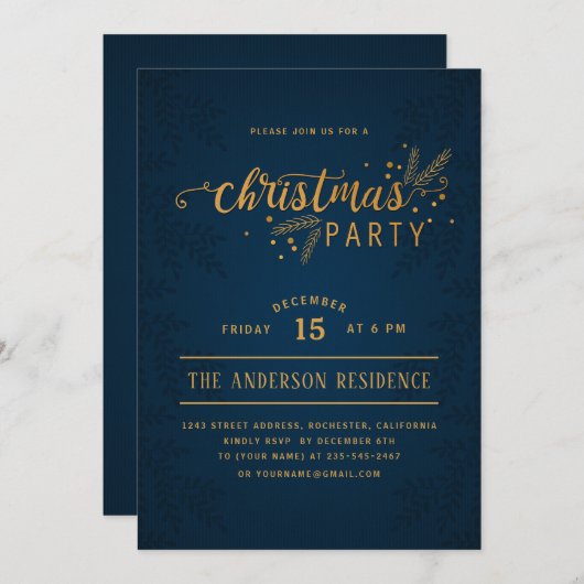 Elegant Blauw en Goud Kerstmis Feest Kaart (Voorkant / Achterkant)