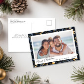 Elegant blauw en goud laat vakantiefoto achter feestdagenkaart