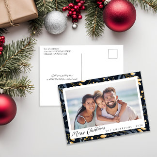 Elegant blauw en goud  laat vakantiefoto achter feestdagenkaart