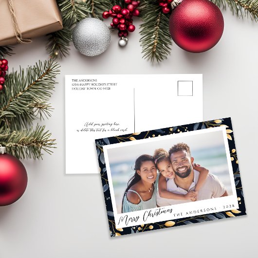 Elegant blauw en goud laat vakantiefoto achter feestdagenkaart