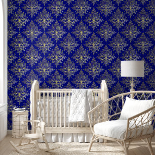 Elegant Blauw en Goud Lotus Damask Behang