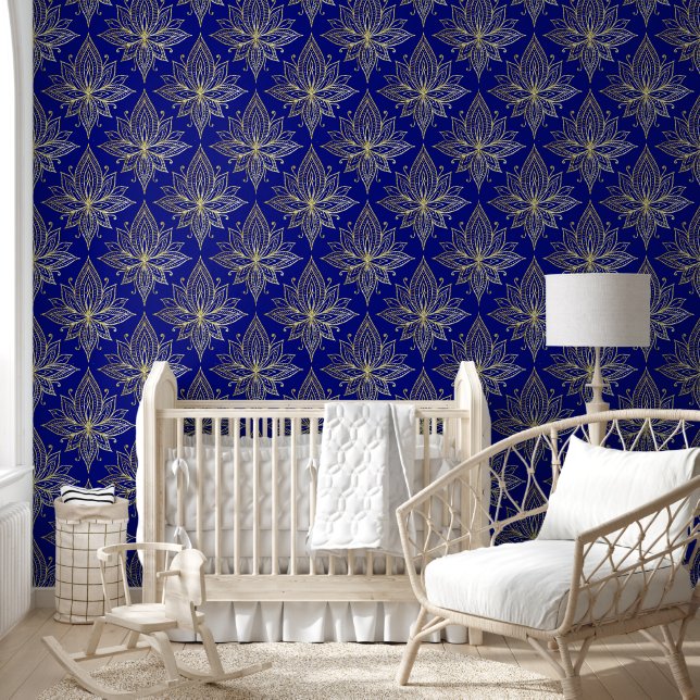 Elegant Blauw en Goud Lotus Damask Behang (Kinderen)