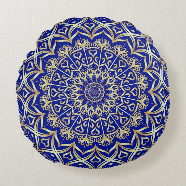Elegant Blauw en Goud Mandala Decoratief Rond Kussen (Voorkant)