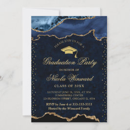 Elegant Blauw en Goud Marmer Agate Afstuderen Kaart